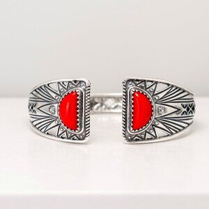 Relios by Carolyn Pollack Sterling Silver and Red Coral Hinged Cuff Bracelet